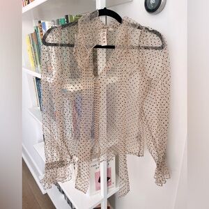 Anthropologie Sheer Polka Dot Blouse NWOT, French Ruffles and Tie Front